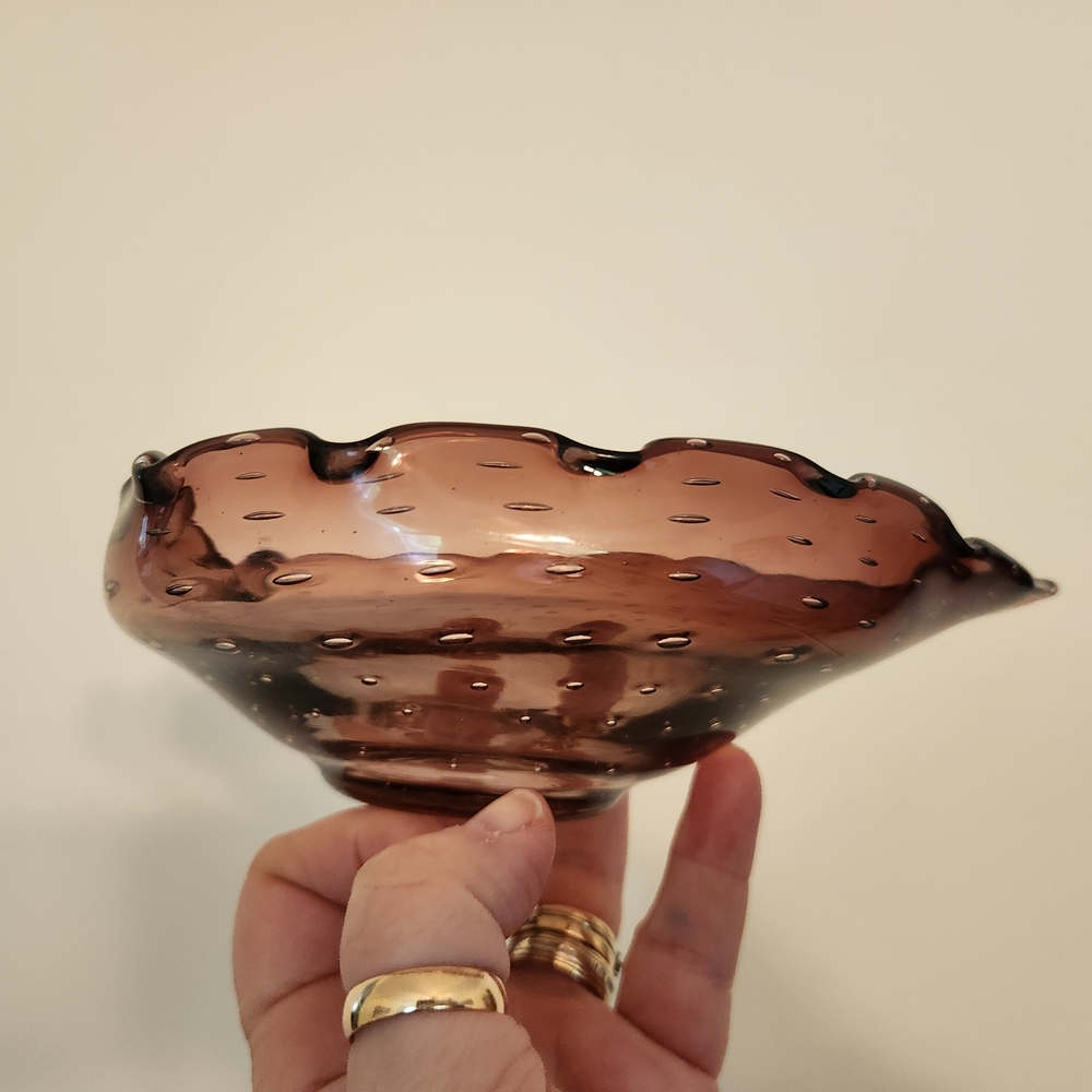 Amethyst Hand Blown Art Glass Bullicante Controlled Bubble Heart Shaped Dish - Picture 9 of 15